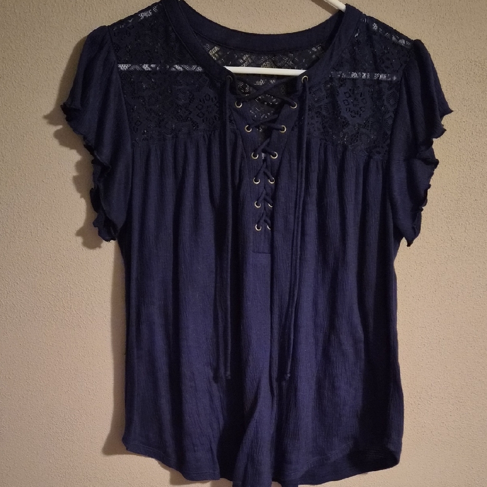 Elegant Lace-Up Navy Blouse